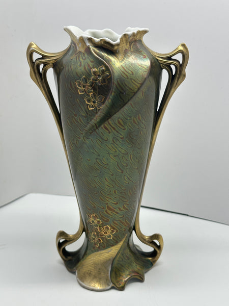Art Nouveau Royal Vienna Vase. Portrait of Woman. Green and Gold Ground. 9"
