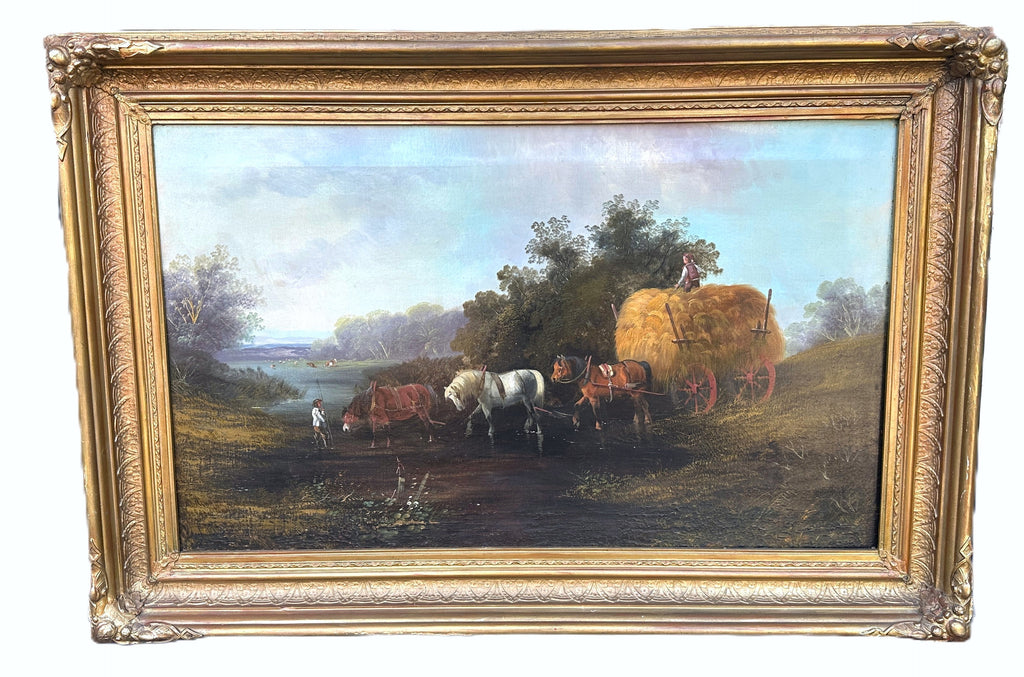 Original Oil Painting on Canvas. Hay Wagon in Landscape. 19th Century