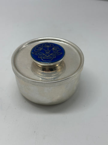 Circular Box. Old Newbury Crafters Sterling with Cloisonne-Style Enamel Top.