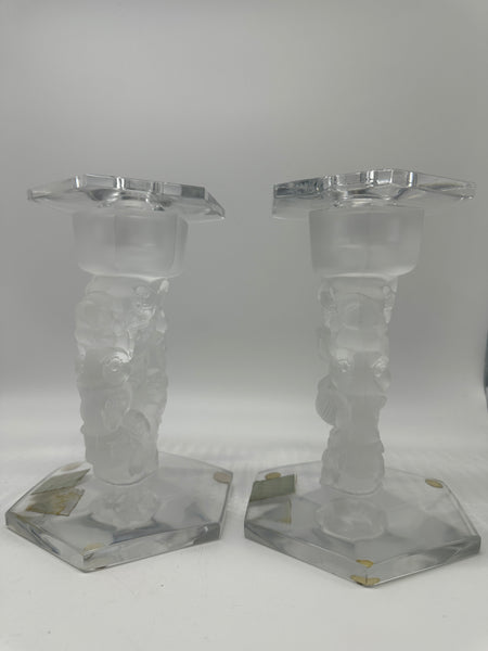 Pair Candlesticks. French Glass. Mesanges Pattern. Clear and Frosted. 7"