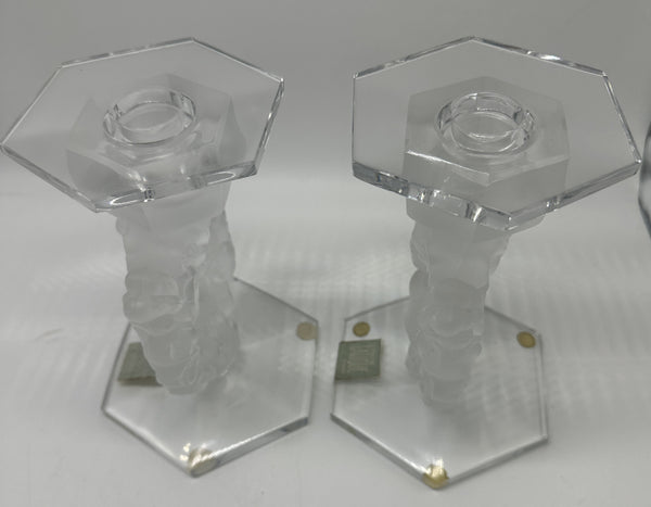 Pair Candlesticks. French Glass. Mesanges Pattern. Clear and Frosted. 7"