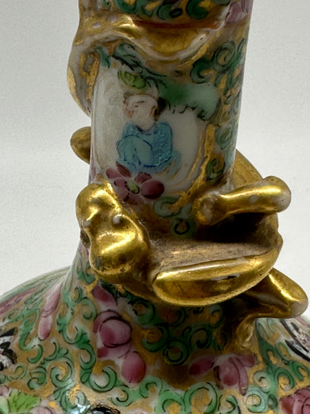 Vase. Chinese Porcelain Rose Medallion. Dragon on Neck. 5 3/4" H. Qing 19th Cent