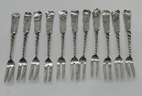 11 Cocktail Forks. Gorham Hamburg Sterling Silver. Various Animals. c.1880. 6"