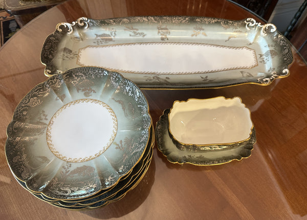 Haviland Limoges Fish Service. Platter, Sauce, 12 Plates. Late 19th Century