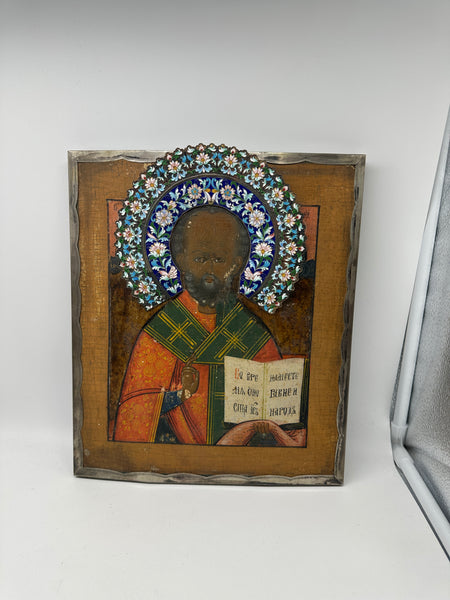 Russian Icon. Painted Wood Panel Sterling Frame and Enameled Halo. Morozov 1888.