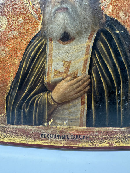 Russian Icon. Painted on Wood Panel. St. Seraphim. Ornate Border. 19th Century