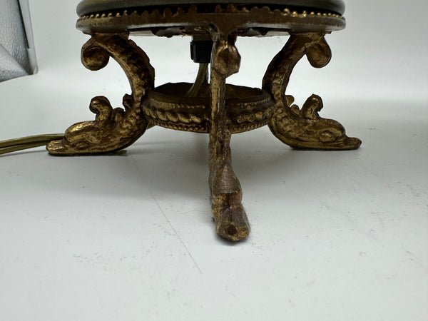 Pair Small Lamps. Gilt Metal Bases with Dolphin Feet. Quetzal Glass Shades 9"