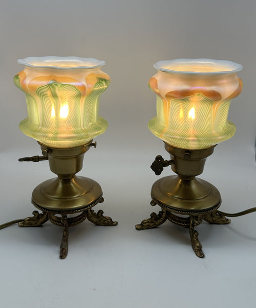 Pair Small Lamps. Gilt Metal Bases with Dolphin Feet. Quetzal Glass Shades 9"