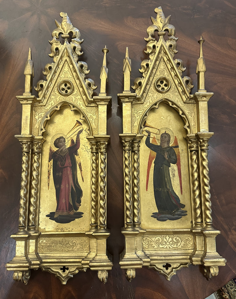 Pair of Painted and Gilded Angel Icons in Ornate Frames. Circa 1890. 22" H.