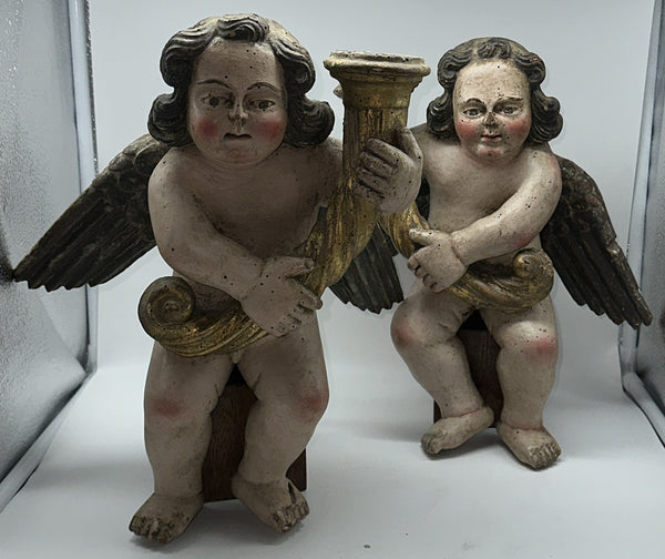 Pair Candle Holder Putti Angels. European 18th Century. Carved Polychrome Wood.