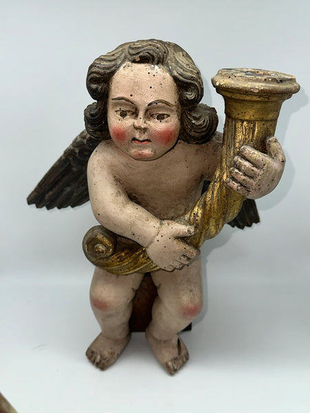 Pair Candle Holder Putti Angels. European 18th Century. Carved Polychrome Wood.