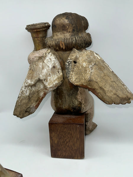 Pair Candle Holder Putti Angels. European 18th Century. Carved Polychrome Wood.