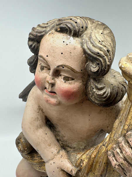 Pair Candle Holder Putti Angels. European 18th Century. Carved Polychrome Wood.