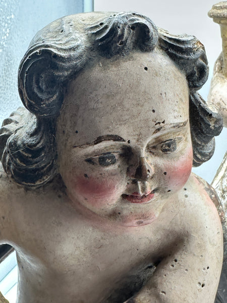 Pair Candle Holder Putti Angels. European 18th Century. Carved Polychrome Wood.