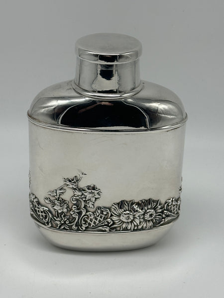 Vintage Silverplate Flask. Sunflower Garden Scene. Telescoping Shot Glass Lid.