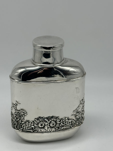 Vintage Silverplate Flask. Sunflower Garden Scene. Telescoping Shot Glass Lid.