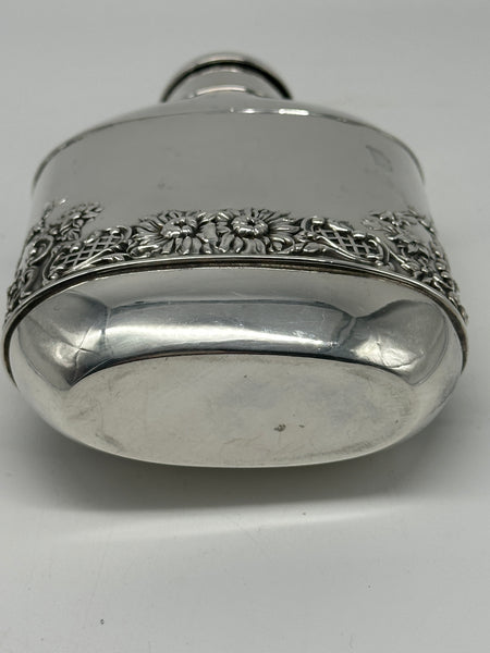 Vintage Silverplate Flask. Sunflower Garden Scene. Telescoping Shot Glass Lid.