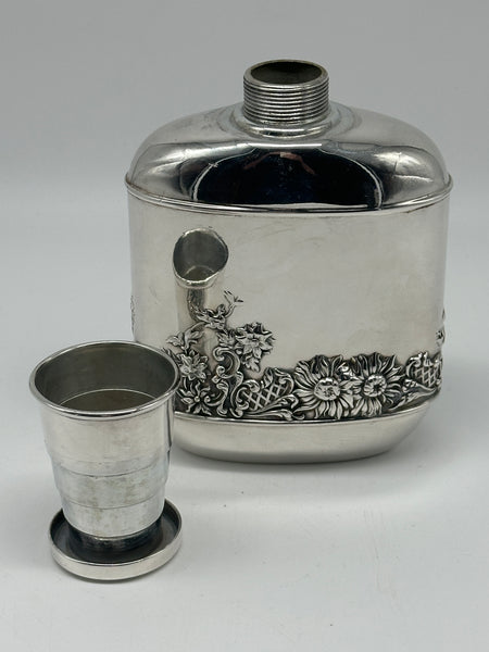 Vintage Silverplate Flask. Sunflower Garden Scene. Telescoping Shot Glass Lid.
