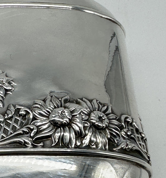 Vintage Silverplate Flask. Sunflower Garden Scene. Telescoping Shot Glass Lid.