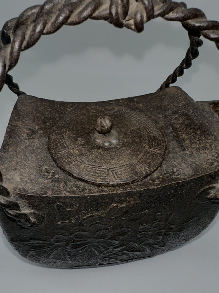 Japanese Iron Tetsubin Tea Pot. Twisted Handle. Cherry Blossom Motif.