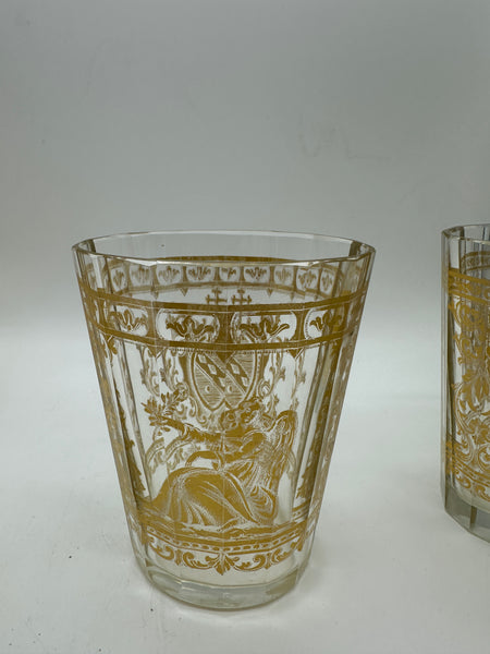 Set of Four Bohemian Gilt Glass Beakers. Coats of Arms and Angel or Saint Figure