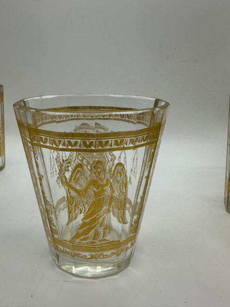 Set of Four Bohemian Gilt Glass Beakers. Coats of Arms and Angel or Saint Figure
