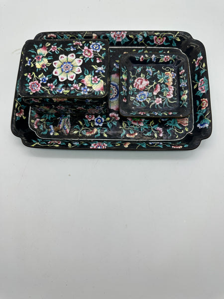 Chinese Enamel on Copper. Desk or Dresser Set. Black and Floral. Circa 1900