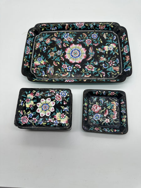 Chinese Enamel on Copper. Desk or Dresser Set. Black and Floral. Circa 1900