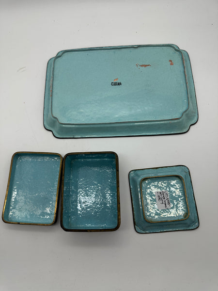 Chinese Enamel on Copper. Desk or Dresser Set. Black and Floral. Circa 1900