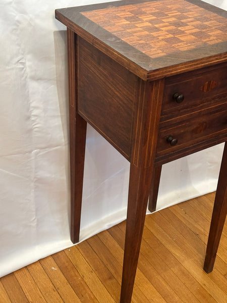Game Side Table. Inlaid Chessboard. Two Drawers with Wood Pulls. 15" x 15" x 32"