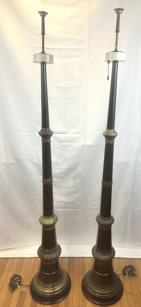 Pair Floor Lamps. Ceremonial Tibetan Dungchen Trumpet Copper and Brass. 19th C
