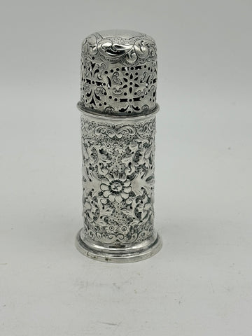 Small Muffineer or Caster Shaker. English Sterling Silver. Repousse. Birm. 1893