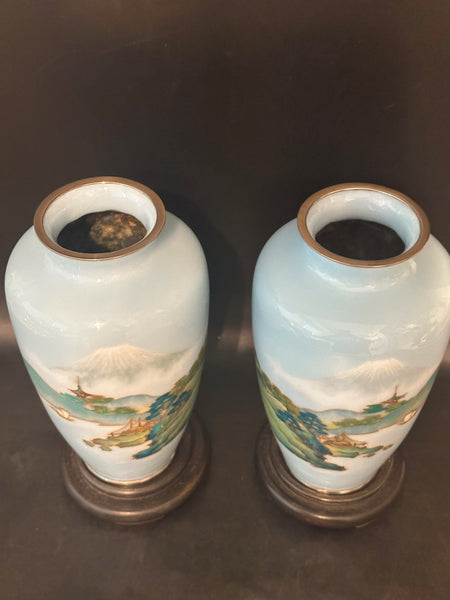 Pair of Japanese Cloisonne Vase. Pale Blue Ground with Mt. Fuji Scene. 7 1/4" H