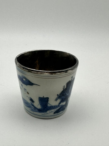 19th Century Japanese Blue and White Porcelain Cup with Silver Interior. 2 1/4"