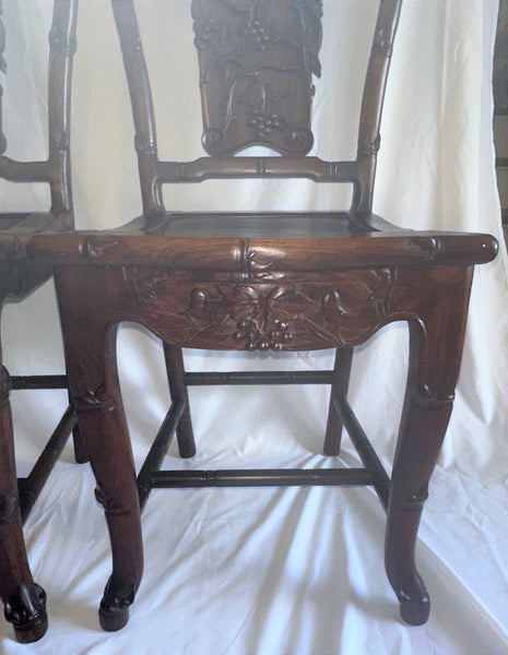 Pair Side Chairs. Chinese Rosewood. Grapevine and Bamboo Design. Qing.