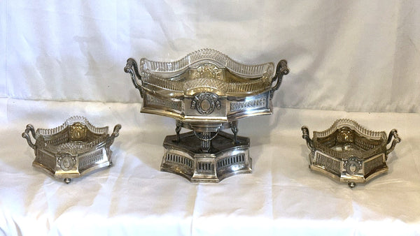 3 pc Table Centerpiece. German 800 Silver and Cut Glass. Early 20th Century