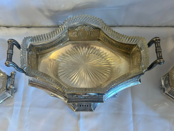 3 pc Table Centerpiece. German 800 Silver and Cut Glass. Early 20th Century