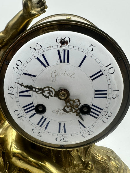 French Mantle Clock Guibel Paris 19th Century. Gilded Bronze Cherub Playing Drum