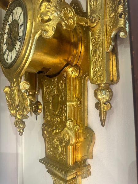 Large French Cartel Wall Clock. Gilt Bronze Case. Enamel Dial. 19th C. 36" H