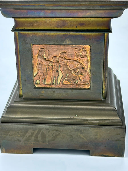 Pair Urns on Pedestal. Brass with Classical Scenes. 12" Height