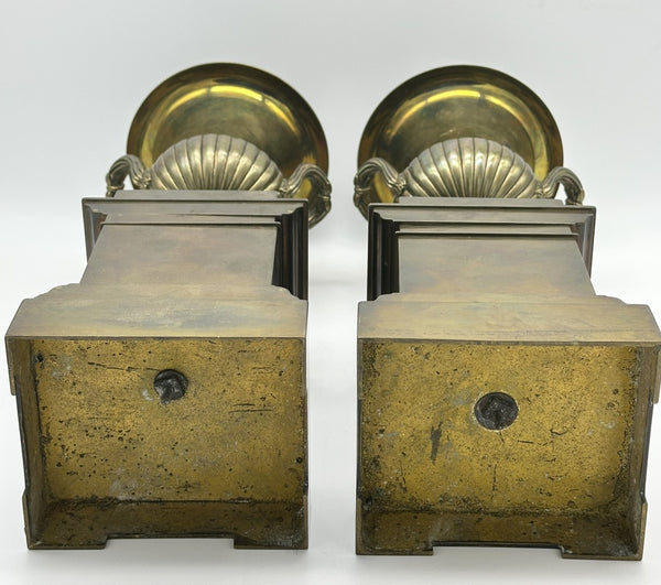 Pair Urns on Pedestal. Brass with Classical Scenes. 12" Height