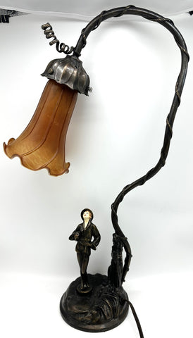 Art Deco Desk Lamp. Bronze-Colored Metal with Art Glass Shade. Figure of Woman.