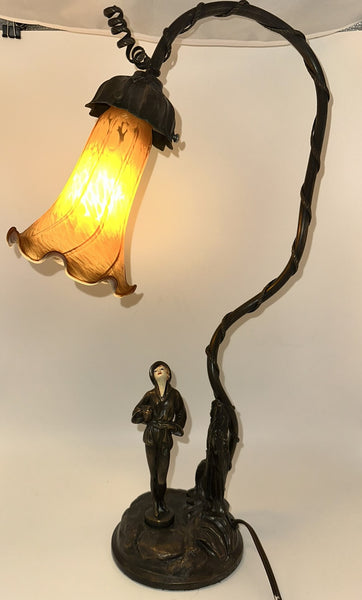 Art Deco Desk Lamp. Bronze-Colored Metal with Art Glass Shade. Figure of Woman.