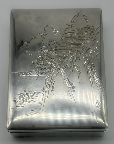 Japanese Smoking Set Jungin Pure Silver and Ebonized Wood. Meiji. Fitted Box.