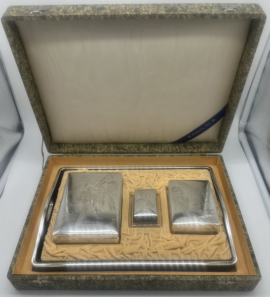 Japanese Smoking Set Jungin Pure Silver and Ebonized Wood. Meiji. Fitted Box.