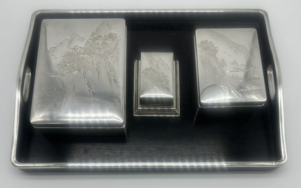 Japanese Smoking Set Jungin Pure Silver and Ebonized Wood. Meiji. Fitted Box.