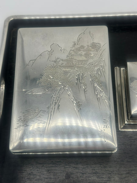 Japanese Smoking Set Jungin Pure Silver and Ebonized Wood. Meiji. Fitted Box.