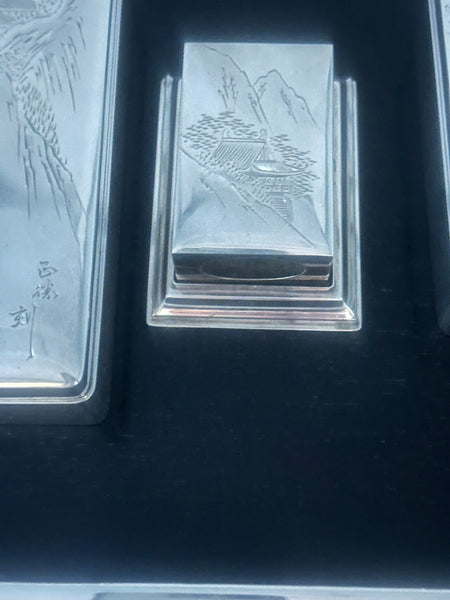 Japanese Smoking Set Jungin Pure Silver and Ebonized Wood. Meiji. Fitted Box.