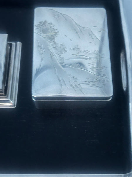 Japanese Smoking Set Jungin Pure Silver and Ebonized Wood. Meiji. Fitted Box.