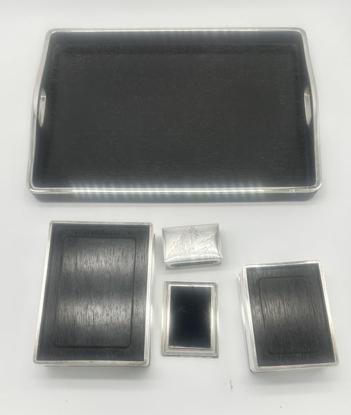 Japanese Smoking Set Jungin Pure Silver and Ebonized Wood. Meiji. Fitted Box.